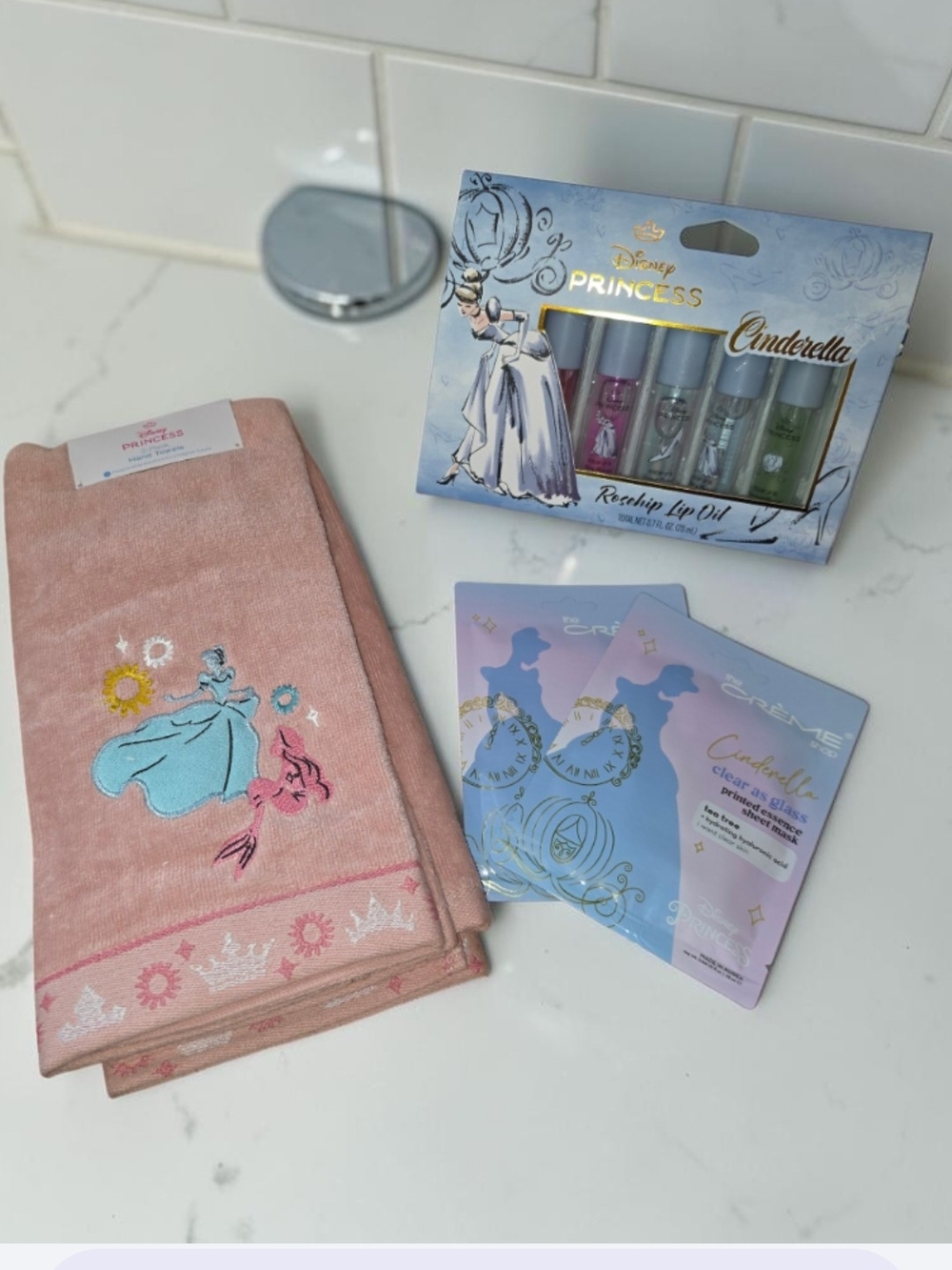 Disney Cinderella Pink Embroidered Hand Towels with Princess Lip Oil Set/Masks
